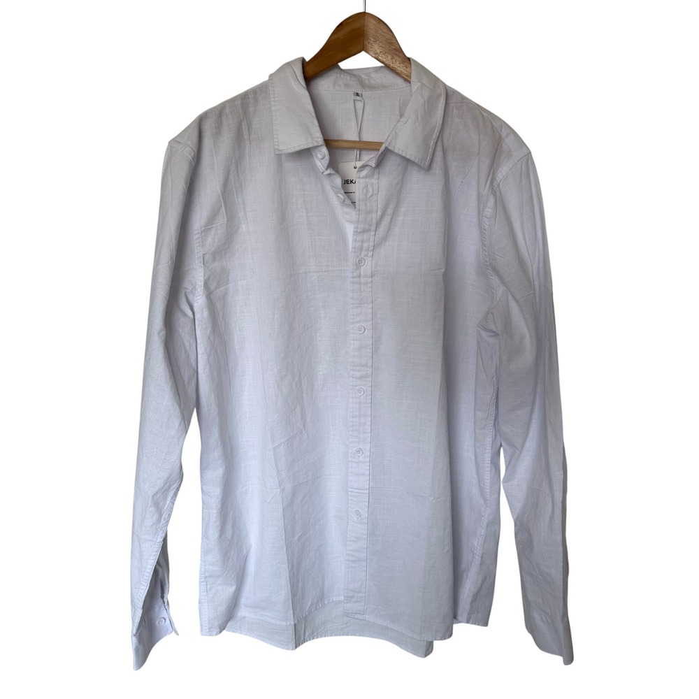 JEKAOYI Button Down Shirt‎ Women XL White NEW Cotton Linen Blend Long Sleeve
